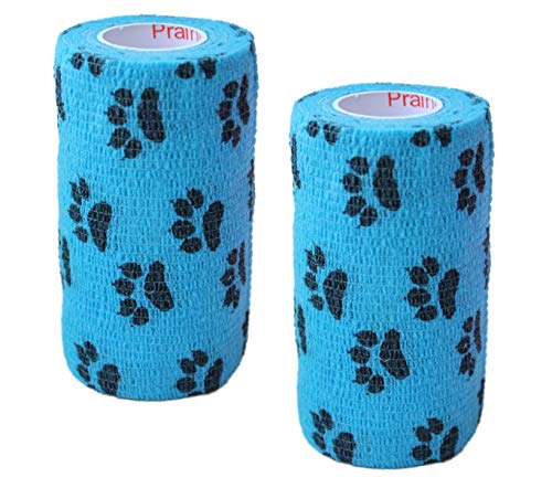 Vet Wrap Rap Tape (Blue with Paw Prints) (2 Pack) (3 Inch x 15 feet) Self Adhesive Adherent Adhering Cohesive Flex Self Stick Bandage Grip Roll Dog Cat Pet Horse