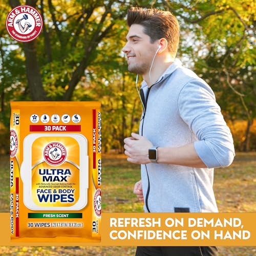 Image of Arm and Hammer Face and Body Wipes for Adults - Deodorant Towelettes 30 Wipes for Men - Shower Sheets for Traveling, Camping, Gym, and Bathing - Alcohol-Free Face Sheets (Cool Water)