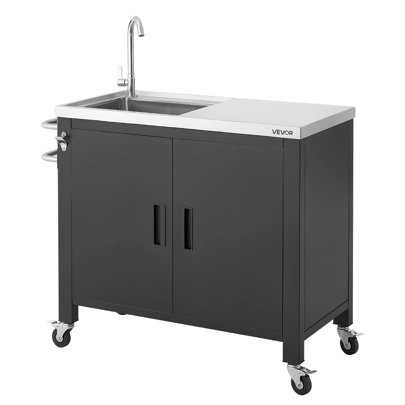 VEVOR Mesa de Barbacoa 965 x 460 x 909 mm Tablero de Acero Inoxidable, Carrito de Cocina con Fregadero, con Ruedas, con Armario de Almacenamiento, con Toallero, para Jardín, Bar, Zona de Barbacoa