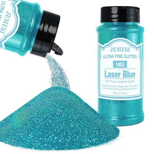 JEMESI Polvo de purpurina azul láser, 140 g – 0,2 mm, ultrafina, purpurina para resina epoxi, manualidades, pintura en vasos y velas; purpurina cosmética, polvo para uñas, pelo brillante corporal