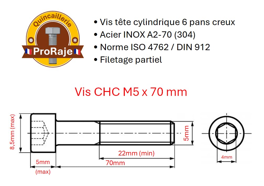 Screws Stainless Steel M5 x 70 mm Cylinder Head BTR Diameter 5 x 70 mm, A2 stainless steel, M5 x 70mm - Image 3