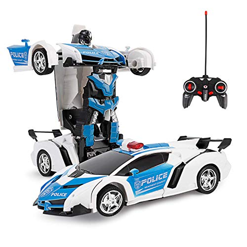 ZeroPlusOne® RC Car for Kids, 1:18 Convertible Car Robot, 2.4GHz Rechargeable 360°Rotating Drifting Realistic Engine Sounds Remote Control Toy Car, Best Kids and Adults (Police car)