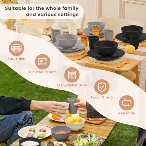 Image of Homienly Wheat Straw Plates and Bowls Set, Lightweight & Unbreakable Dinnerware Set for Kitchen, Parties, Holidays, Microwave and Dishwasher Safe Dish Set - Plate Sets, Bowls, Cups, 24pcs (Grey Stone)
