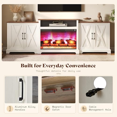 Image of AMERLIFE 97 inch Large Fireplace TV Stand for TVs up to 110 inch, Farmhouse Entertainment Center with 33 inch Electric Fireplace, Media Console with Storage Cabinets & Adjustable Shelf, White