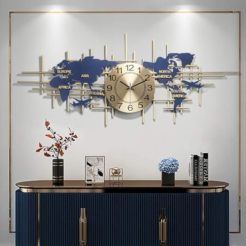 GDSPD 46 Inch Large World Map Wall Clock,Modern Clock Silent Quartz Metal Wall Clock,Handmade Big Wall Clock,Battery Operated Wall Clocks for Living Room/Home/Office Decor (Blue)