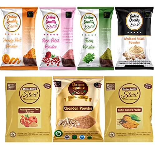 Online Quality Store face pack for glowing skin and pimples combo pack of :-( Multani Mitti 100g,Chandan Powder 50g,Orange Peel Powder 50g, Neem Powder 50g and Rose Powder 50g,kasturi turmeric 50 gm,pomegranate powder 50 gm , 400g