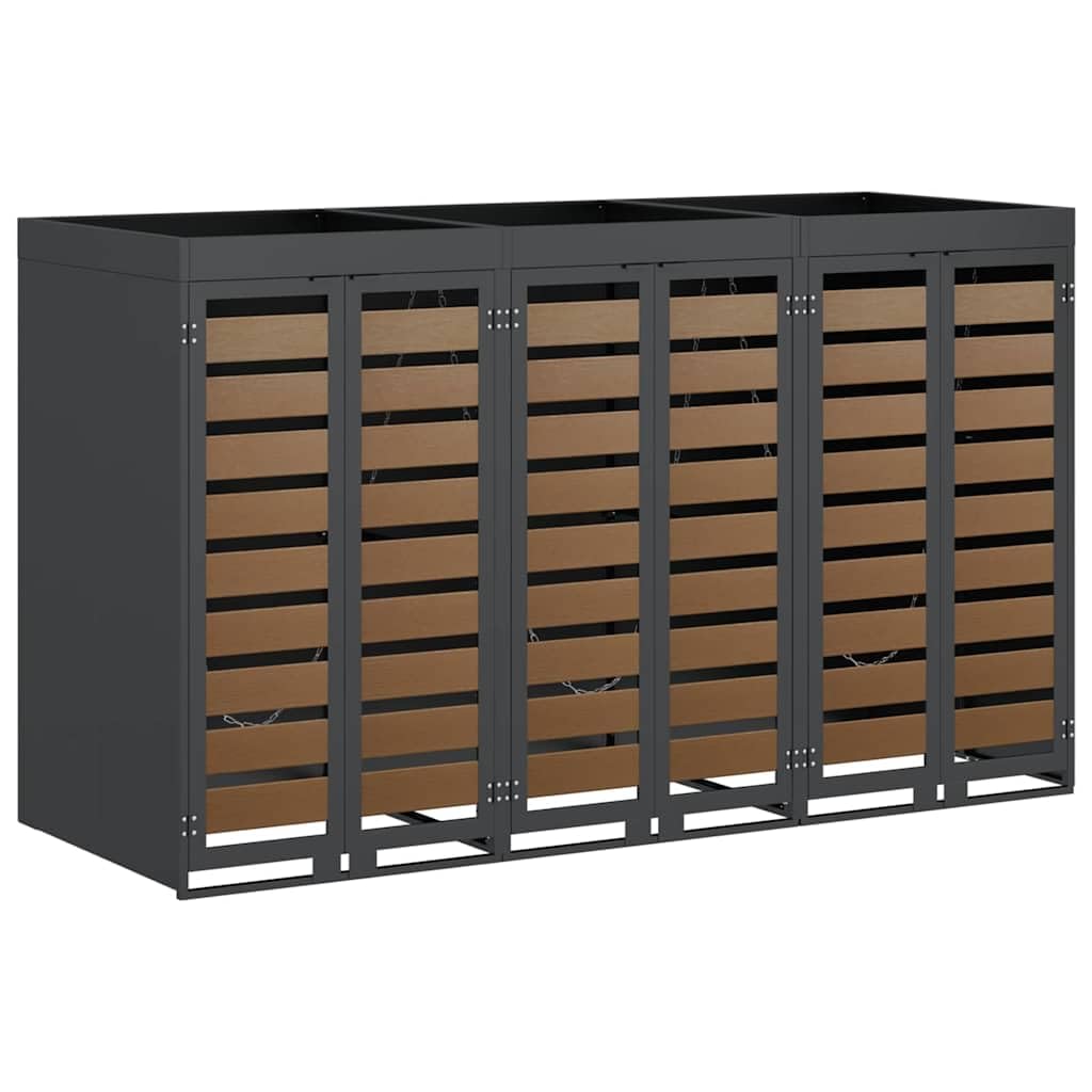 Copribidoni per 3 Bidoni di Spazzatura Contenitori Pattumiera Cassonetti Rifiuti 240 L Box in Acciaio Antracite/Aspetto Larice Coperchio Bidone Resistente 3 Porte