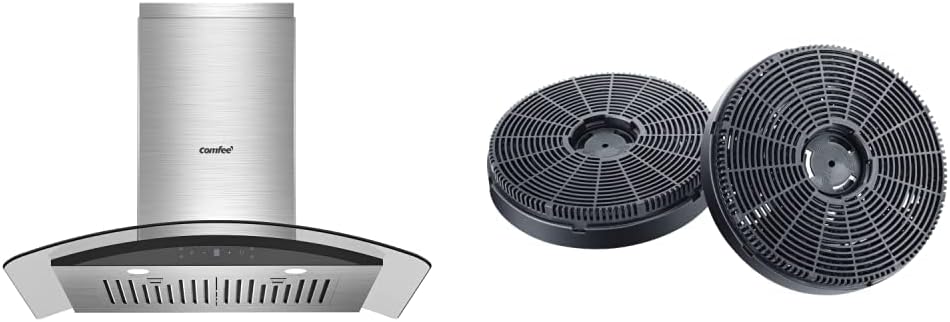 Comfee Curved Glass Range Hood 30 Inch 450 CFM 3 Speed Gesture Sensing &Touch Control Panel Stainless Steel (CVG30W9AST) & CVP/CVG-CF Range Hood Filter, 2 Pcs