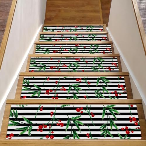 15 peldaños antideslizantes de Navidad con rayas negras y blancas para escaleras de madera 2