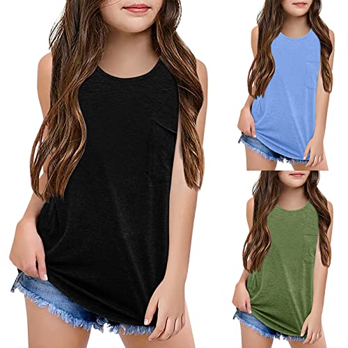 Generic Girl's Tank Tops Crew Neck Solid Color Casual Loose Fit Summer Sleeveless Basic Tee Shirts Blouse with Pocket