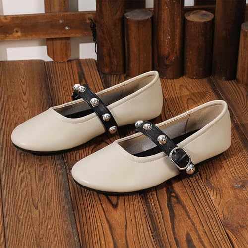 LUXINYU Women Mary Jane Flats Rivet Decoration Pu Leather Shoes Buckle Straps Round Toe Casual Ballet Party Dress Shoes2