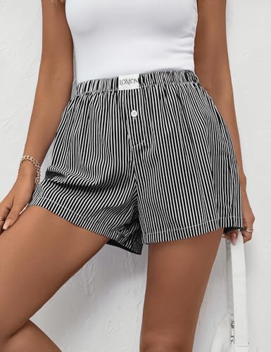 Image of LOMON Boxer Shorts for Women Summer Gingham Pajamas 2026 Lounge Sleep Pj Plaid Shorts Y2K Beach Bottoms with Pockets