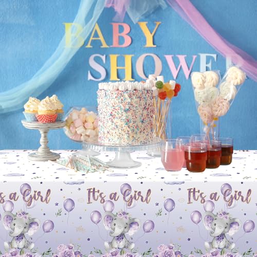 Image of Moukeren 3 Pack Elephant Tablecloth Baby Shower Decorations Plastic Table Cover Rectangle Table Decors for Boy Girl Gender Reveal Birthday Party Supplies, 54 x 108 Inch(Purple,Girl)