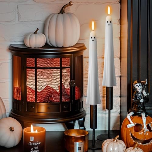 Image of Eldnacele Ghost Halloween Flameless Taper Candles Battery Operated with Remote Timer Set of 2 White LED Flickering Candle Real Wax 3D Wick Long Lasting Spooky Dinner Indoor Decor(0.79 inch D x 9.5 inch H)