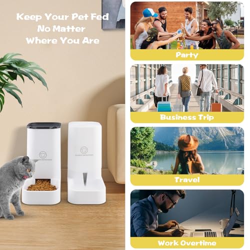 Pfloge® Automatischer Futterspender Katze, 2.1kg Futterautomat Katze und 3.8L Wasserspender Hund, Ohne Strom, PBA Frei Reisefutterspender Katzen Wasserspender-(Weiß)