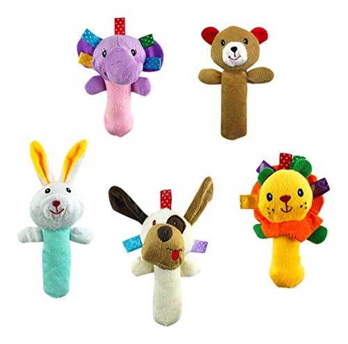 5 PCS Set Cartoon Stuffed Animal Baby Soft Plush Hand Rattle Squeaker Sticks for Toddlers