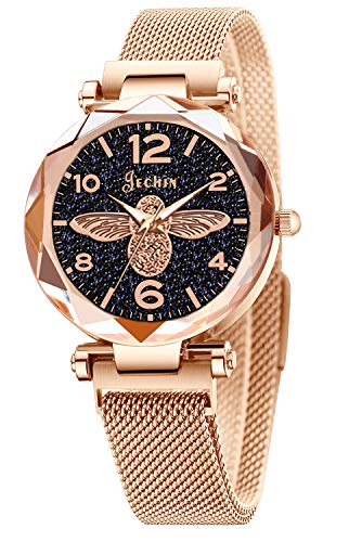 Jechin Black Classical Women's Starry Sky Watch Magnetic Buckle Bracelet Dress Watches (Rose Gold-Tone)