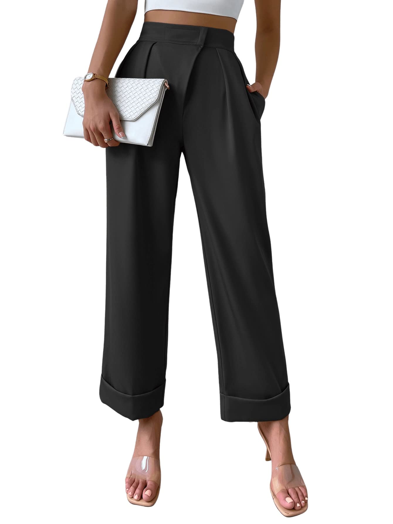 SweatyRocksWomen's Elegant High Waist Roll Up Hem Pleated Wide Leg Pants with Pocket