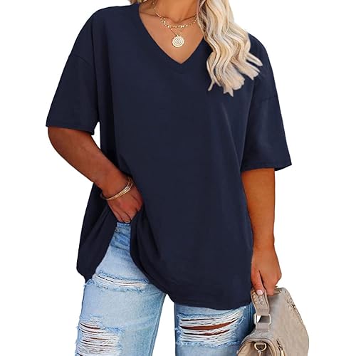 Women's Plus Size V Neck T Shirts Summer Half Sleeve Tees Casual Loose Fit Cotton Tunic Tops