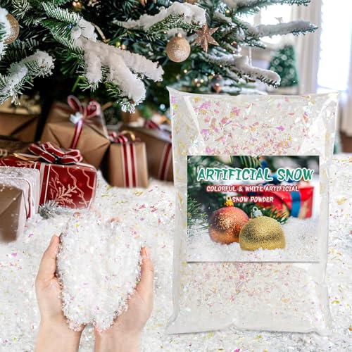 Sukh Fake Snow for Crafts - 7 Oz Artificial Snow for Holiday Decor Instant Snow White Party Decorations for Christmas Village Display Clear Glitter Snowflakes Plastic Snow Powder Colorful