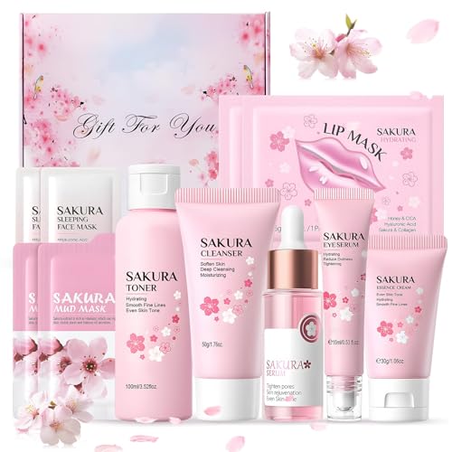 Coffret Soin Visage Femme, Sakura Skincare Set, Coffrets de Soins pour la Peau, Coffret Femme Cadeau avec Nettoyant Visage, Toner, Contour Yeux, Sérum,...