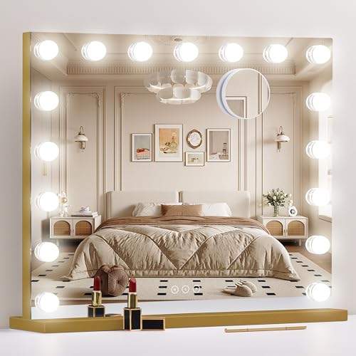 Image of Vanity Mirror with Lights 23.6''x20.5'' Makeup Mirror with Lights Lighted Up Mirror with Dimmable Bulbs,3 Color Lighting Modes,USB Charging Port Touch Control Design Gifts for Women Gold