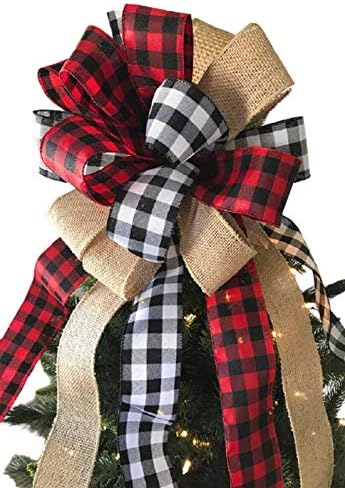 Christmas Tree Topper Large Buffalo Plaid Burlap Red and Black Gift Bow for Xmas Tree Handmade Holiday Party Decorations-13 x 17 Inch