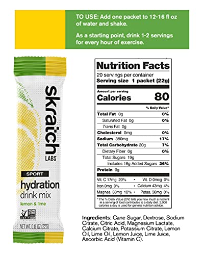 Skratch Labs Hydration Packets Hydration Drink Mix, Lemon Lime (20Ct) - Electrolyte Powder Developed For Athletes And Sports Performance, Gluten Free, Vegan, Kosher #TOP3