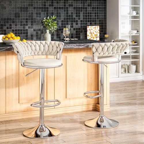 Image of Lamerge Velvet Bar Stools Set of 2,Swivel Bar Chairs Counter Adjustable Height Barstools with Back & Footrest,Upholstered Kitchen Island Chairs for Pub(2PCS Beige)