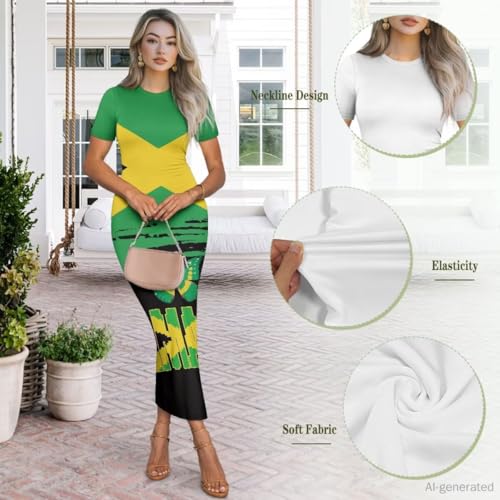 Image of Womens Short Sleeve Jamaican Flag Midi Bodycon Dress | Soft stretchy fabric,crew neck,jamaican print casual date night cocktail party, elegant chic, spring summer fall all season
