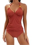 Halter Tankini Swimsuit for Women Tummy Control Two Piece Bathing Suit V Neck Swimwear with Shorts