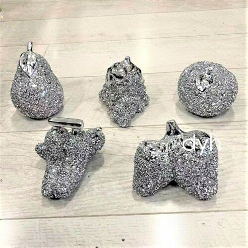 Touch Of Venetian Silver 5Pc Crushed Diamond Sparkly Fruits Apple Pear Figurine Grape Banana Bling (Set Of 5)
