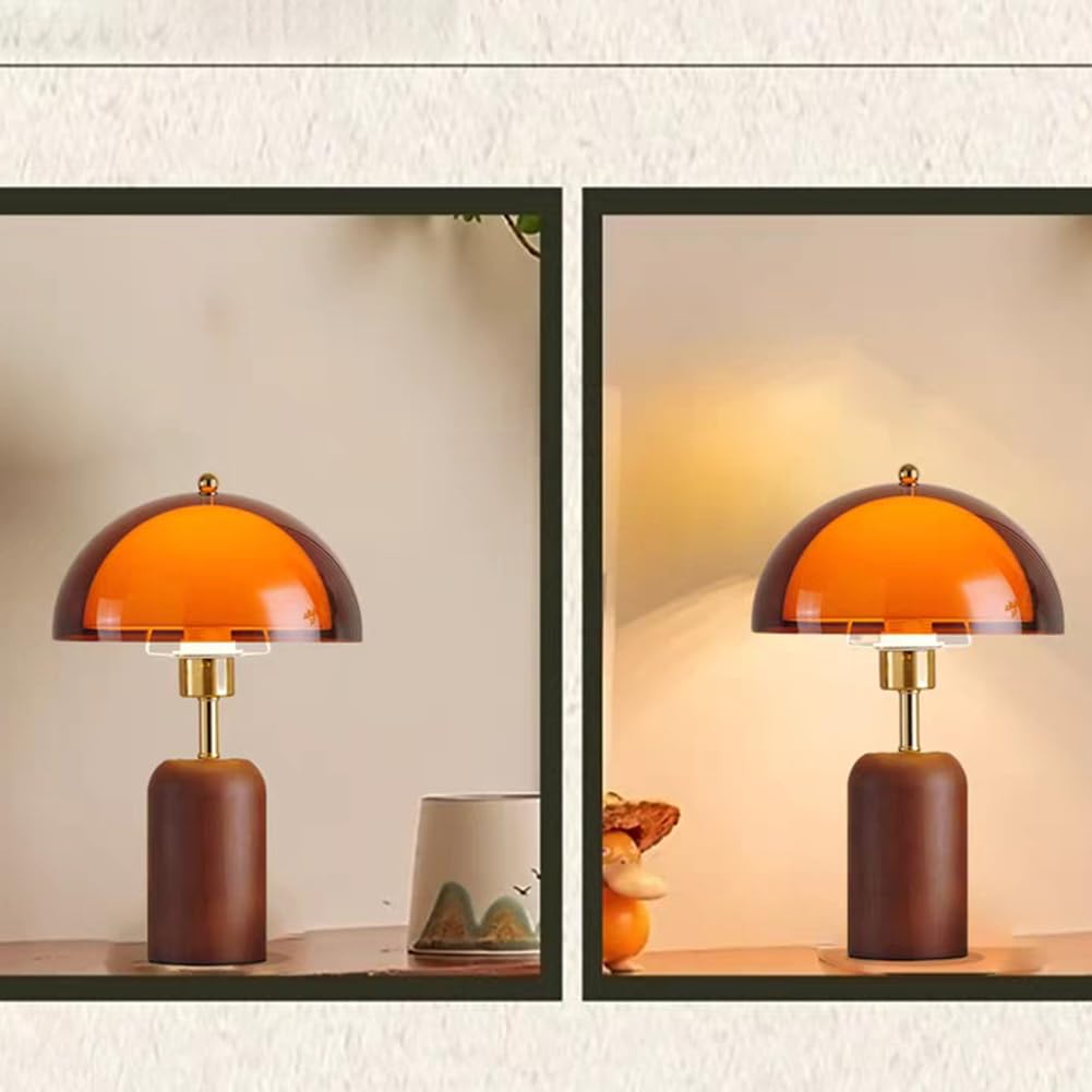 Lampa Stołowa LED w Kształcie Grzyba, Drewniana, z Pilotem, z Regulacją Jasności, z Przełącznikiem i Wtyczką, Lampa Grzybkowa w Stylistyce Retro, z Akrylowym Kloszem, Lampka Dekoracyjna