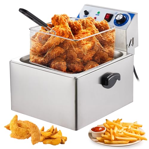 PULLAFUN Commercial Deep Fryer Countertop Stainless Steel 11L Electric Deep Fryer with Temperature Control Single Large Tank French Fries Restaurant Home Kitchen