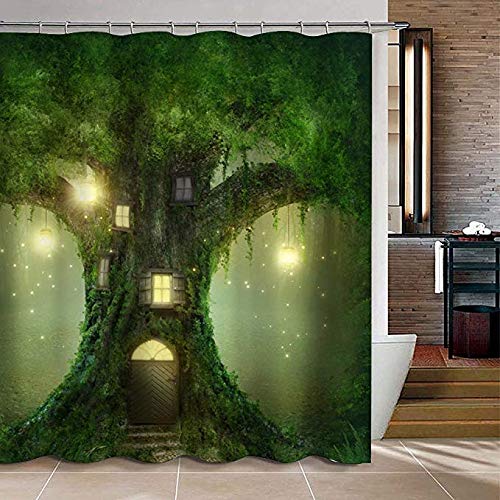 Uphome Big Tree House in The Light Bathroom Shower Curtain - Green and Yellow Waterproof Polyester Fabric Bathroom Curtain Ideas (72