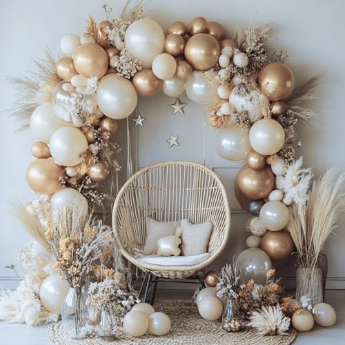 Image of PartyWoo Retro White Balloons, 140 pcs Champagne Gold and White Sand Balloons Different Sizes Pack of 18 Inch 12 Inch 10 Inch 5 Inch for Balloon Garland Arch as Birthday Decorations, Party Decorations