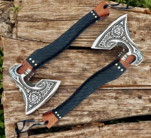 Poshland AX-7000 Custom Gift Forged Carbon Steel Viking Axe with Rose Wood Shaft, Viking Bearded Camping Axe (AX-7000) (AX-7091) - Pack of 2