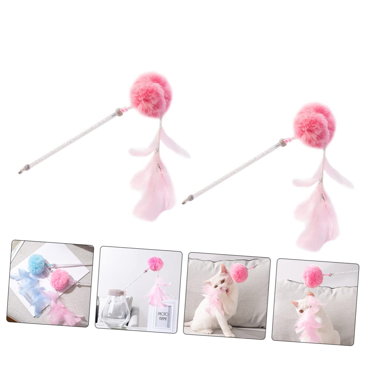 POPETPOP 6pièces Bâtons à Jouer pour Chat avec Pompons Kit De Jouets Interactifs Rose pour Attention Réflexes des Félins