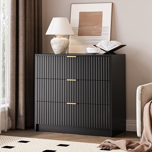 Image of MAISONARIA Black Fluted Dresser for Bedroom, 32 Inch Wide Nightstand with Large Drawer, 3 Drawer End Table for Bedroom, Living Rooms, Offices, and Entryways