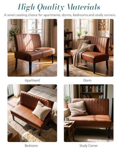 Image of Armless Accent Chair Loveseat, Small Sofa, Brown Faux Leather, Modern