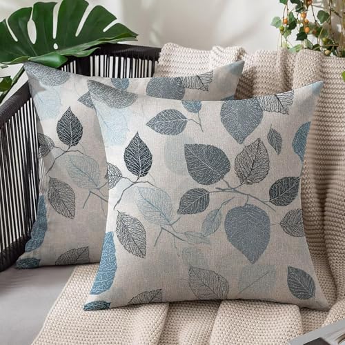 Set of 2 Linen Waterproof Decorative Throw Pillow Covers, 18 x 18 inch Modern Farmhouse Square Cushion Covers, Soft Linen Pillowcases for Living Room, Couch, Bed (Leaf Texture) L#257