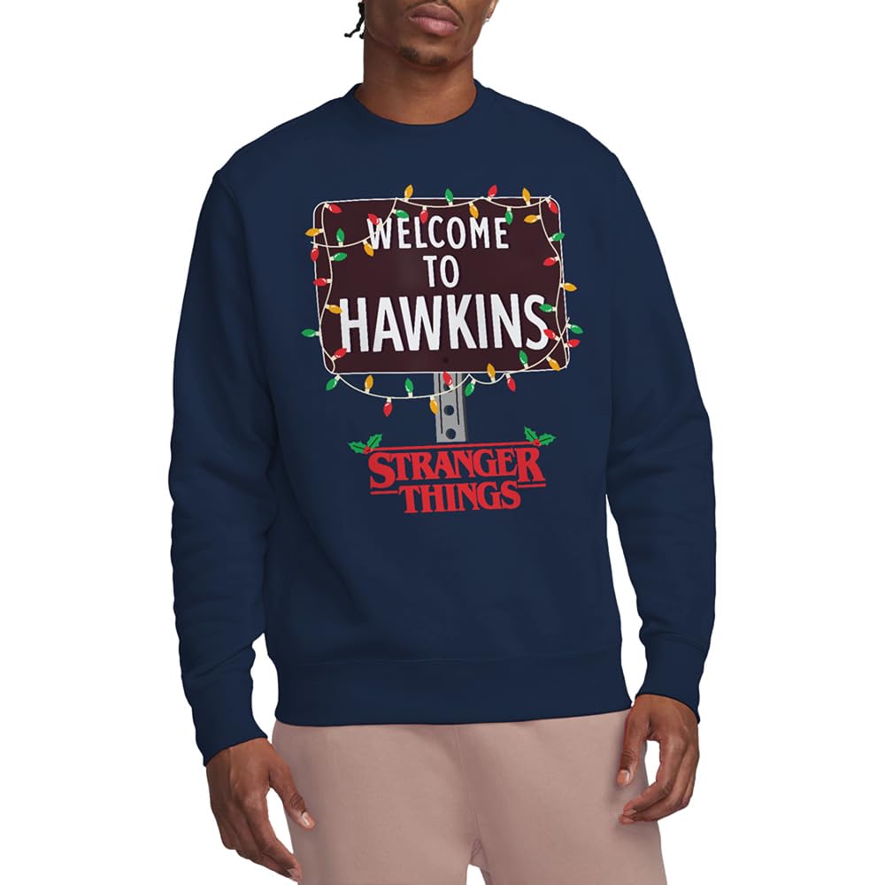 Stranger Things Men's Blue Christmas Welcome To Hawkins Sweat in Size 2XL, Sports Direct