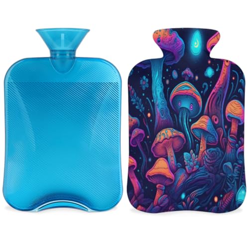 Hot Water Bottle with Soft Cover,2L Glowing Mushrooms Hot Water Bag for Hot and Cold Compress, Hand Feet Warmer, Various Mushrooms Rubber Hot or Cold Water Bottle Halloween Christmas Decorations