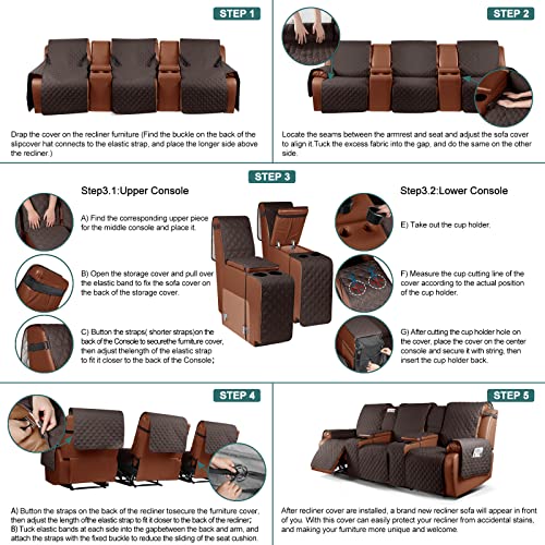 Image of Ruaozz Waterproof Recliner Sofa Cover with Console Non-Slip Couch Covers for Reclining Couches Pet Cover for Double Recliner Sofa Cover with Elastic Straps for Kid Dogs Pets (Chocolate, 3 Seater)