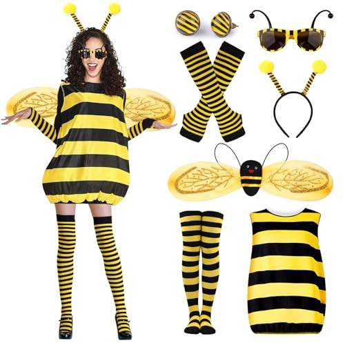 Bienenkostüm Erwachsene Damen mit Bienen Kostüm Kleid Flügel Haarreif Handschuhe Beinsocken Brille Karneval Kostüm Bienen Biene Kostüm Damen...