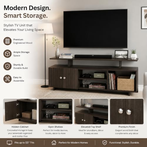 Image of FURNEASER Eskido Engineered Wood TV Entertainment Unit, Floor Standing TV Cabinet with Storage Shelves for Living Room, TV Stand for 32,43,50 & 55 Inch TV (Exotic Teak & White) (Wenge)