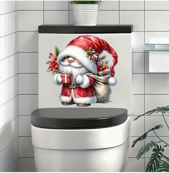 Merry Christmas Gnome Snata Gift Box Toilet Cover Sticker Decals,Spring Flower Leaf Butterfly Waterproof Toilet Lid Tank Seat Decals Cistern Self-Adhesive Bathroom Wall Sticker
