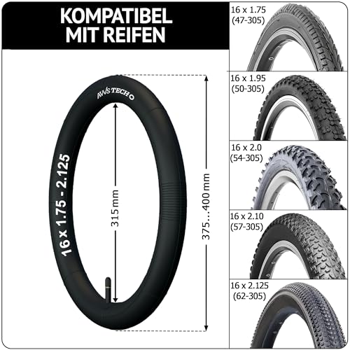 16 х 1.75 Glücks-Set Kinderfahrrad 16 Zoll Schlauch 16x1.75 16x1.95 16x2.125 (47/62-305) AV 32 mm Kompatibel mit Puky, Laufrad, Kinderwagen, Anhänger