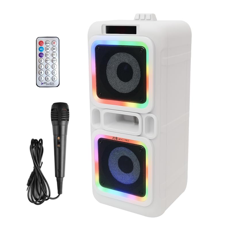 Image of 50W Portable Multimedia Bluetooth Speaker with Dual 4 inch Drivers, RGB Lights, Mic Input, USB /TF /FM /AUX, TWS Pairing, Remote, Rechargeable Battery for Party use (3H Playtime)