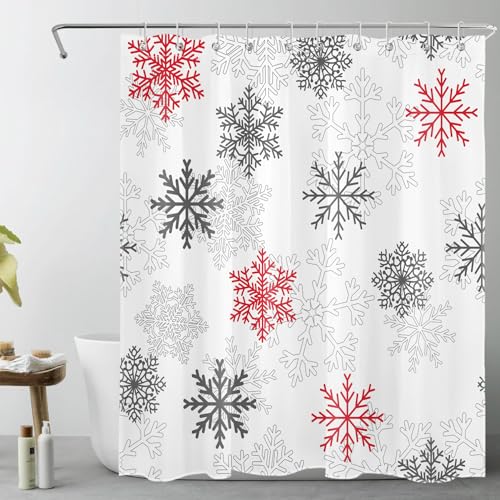 HVEST Winter Snowflake Red Shower Curtain with Hooks, Grey and White Snowflake Bathroom Curtains Christmas Bathroom Decor Polyester Fabric Bathroom Shower Curtain Sets,72L X 60W inches